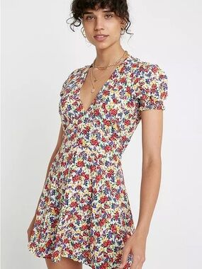 Faithfull The Brand Floral V-Neck Puff Sleeve Mini Dress Size 6